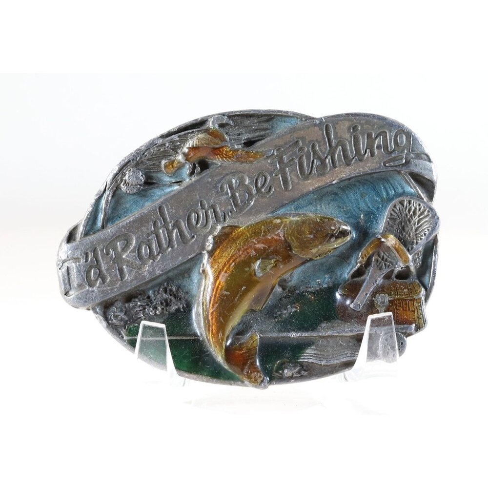 Belt Buckle I'd Rather Be Fishing Solid Painted Metal Buckle 1985 USA